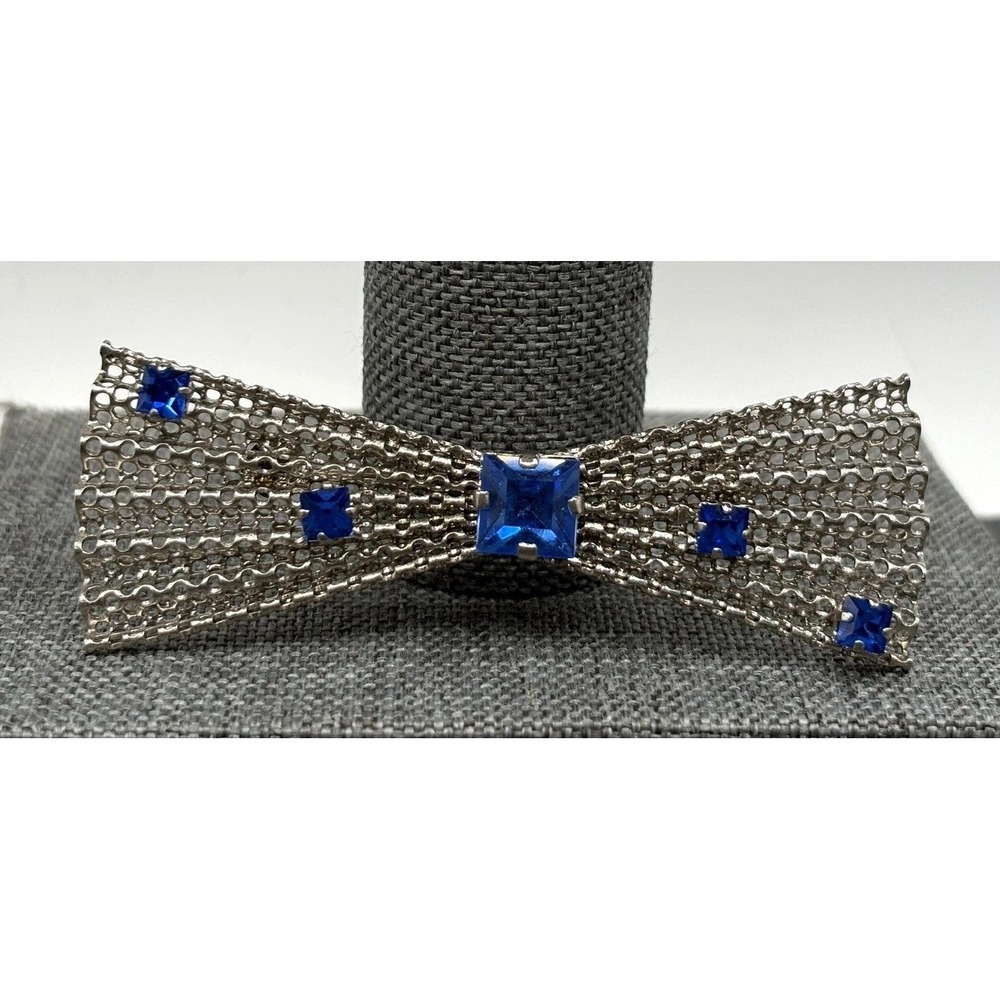 Vintage Silver Tone Blue Crystal Mesh Bow Brooch Pin